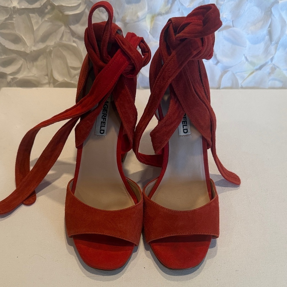 Karl Lagerfeld Red Suede Ankle-Tie Block Heel Sandals